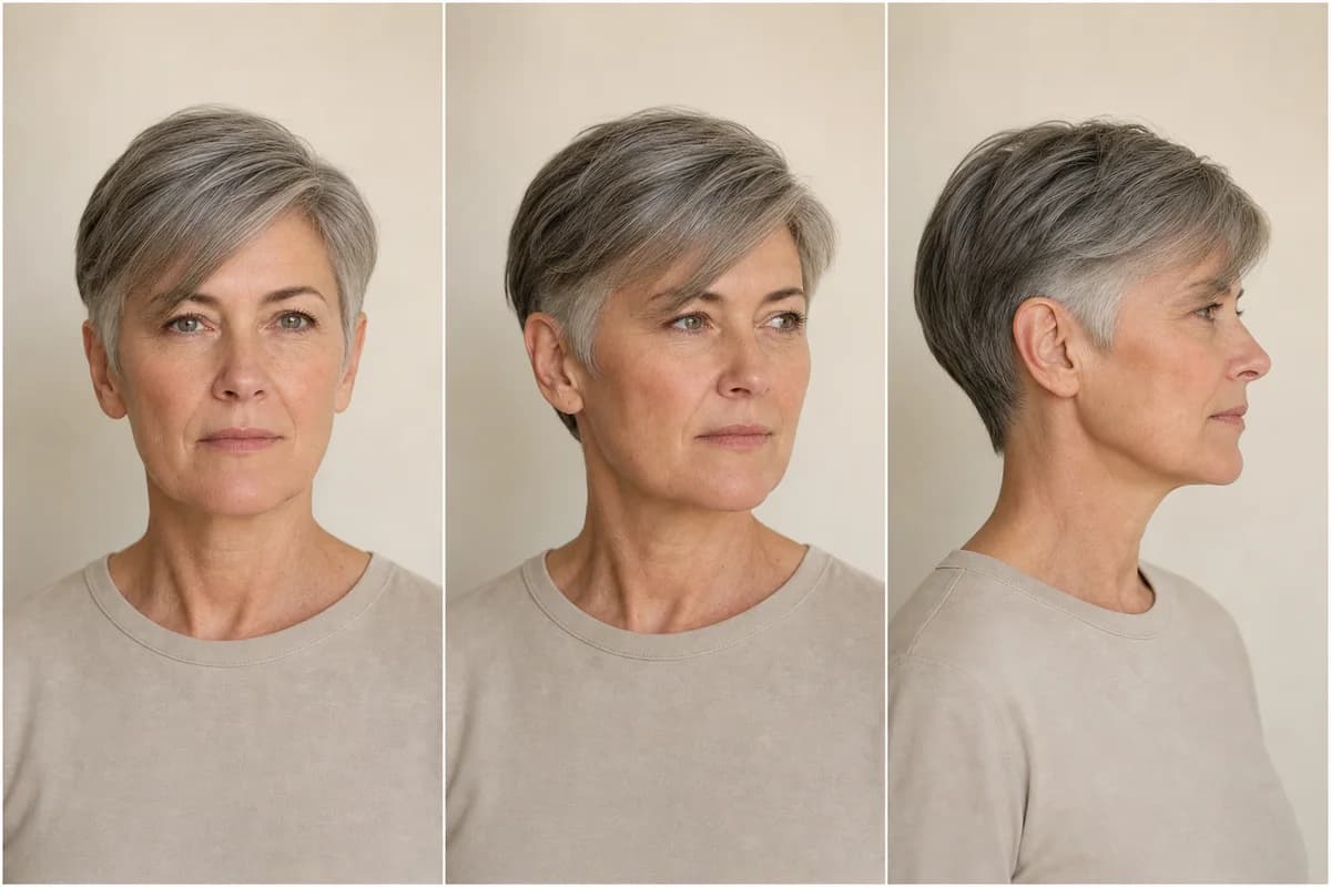 Side-swept fringe haircut on an oval face shown from the front, three-quarter, and profile views