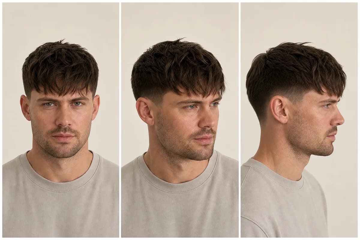 Textured fringe haircut shown from front, three-quarter, and profile views