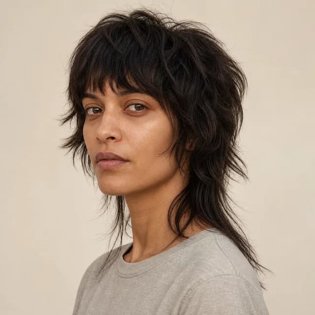Long wolf-cut mullet with short crown layers, face framing pieces, and length through the back