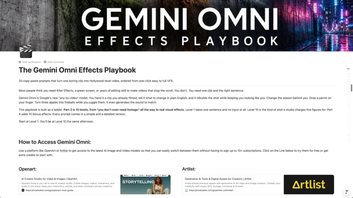 The Gemini Omni Effects Playbook (FREE): 20 Copy-Paste Prompts That Turn One Clip Into Hollywood VFX