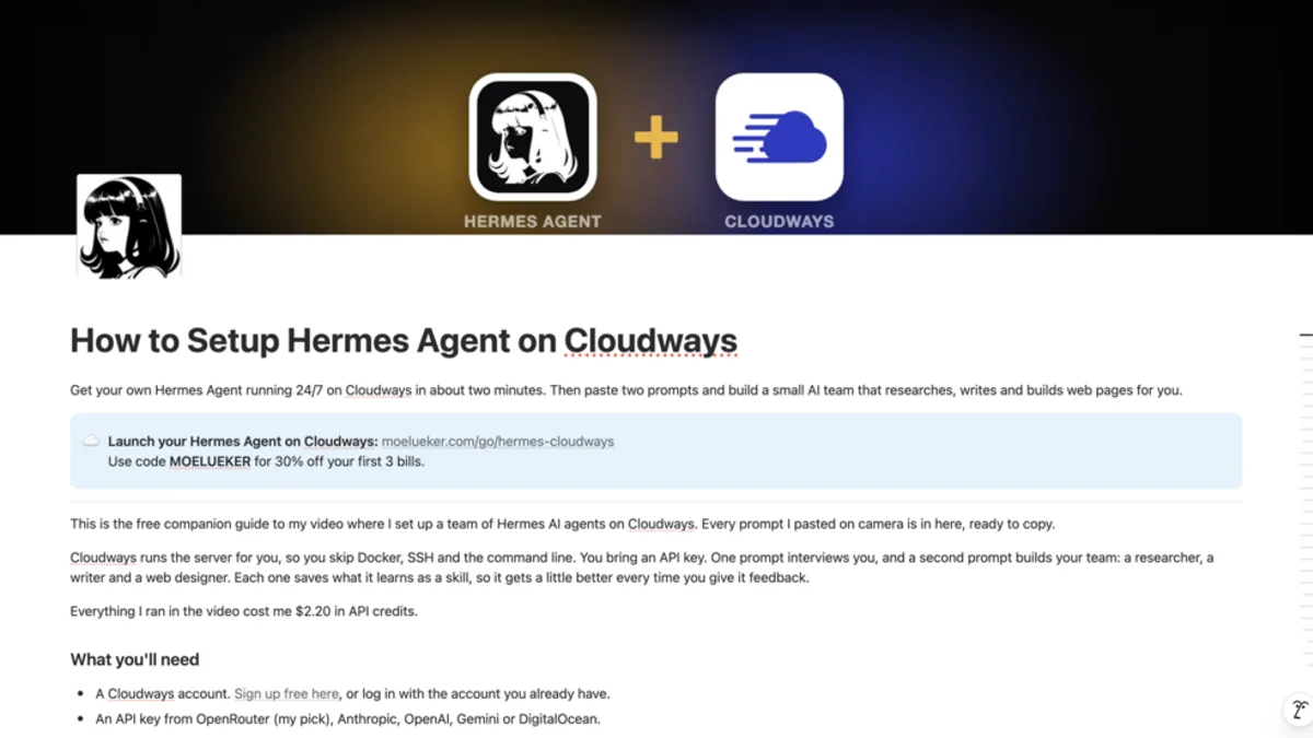 Hermes Agent Setup on Cloudways: AI Agent Team Guide + 11 Prompts (FREE)