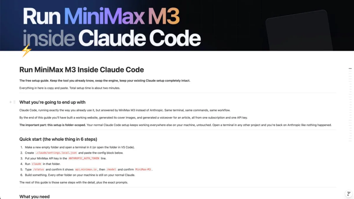MiniMax M3 in Claude Code (FREE Setup Guide): Every Command, Config, and Prompt