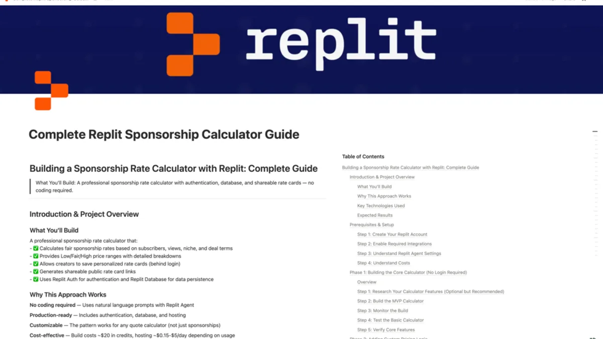 Build a Sponsorship Rate Card Calculator in Replit (No Code) — Full Guide + Prompt Library