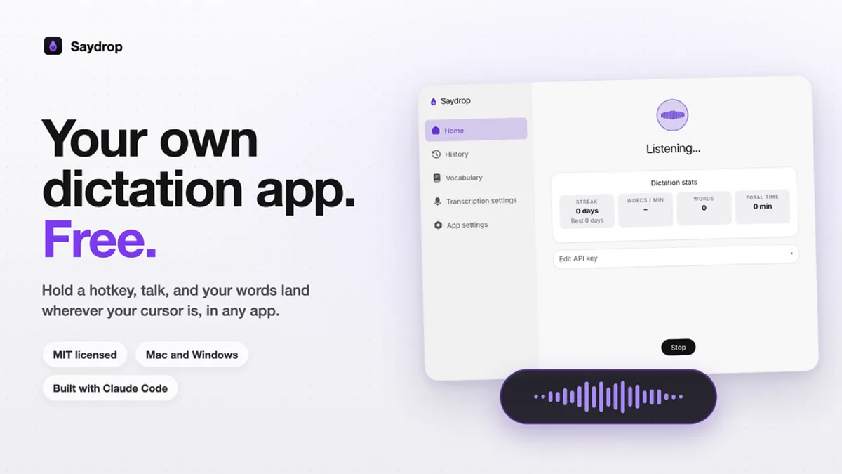 Saydrop: Free Open-Source Dictation App for Mac and Windows (Source Code)