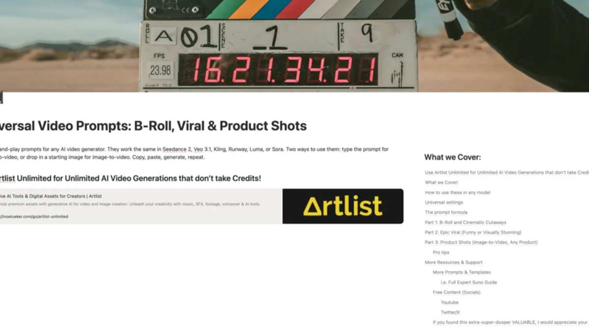 The Universal AI Video Prompt Pack (FREE): B-Roll, Viral Clips, and Product Shots (24 Prompts)