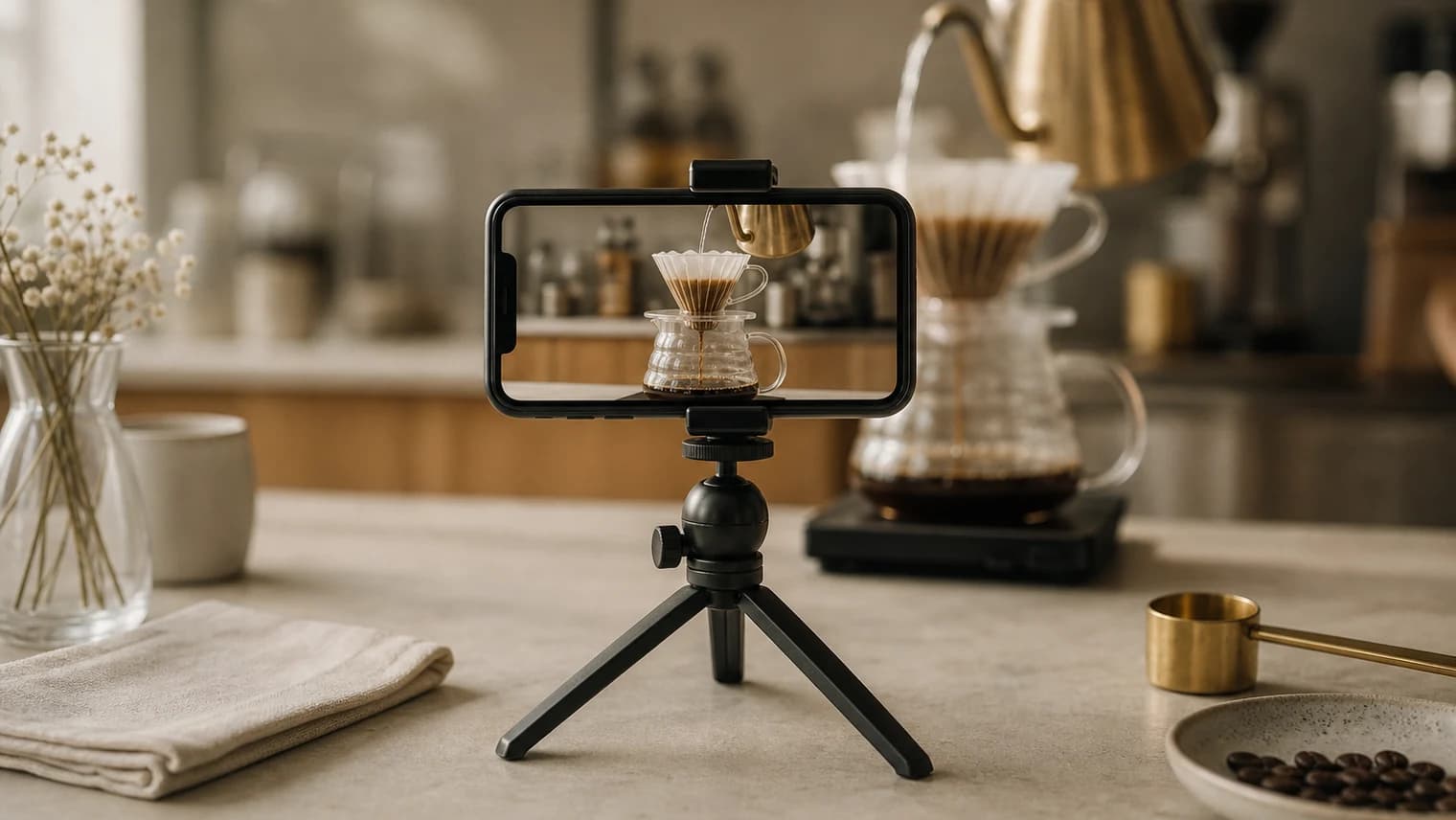 A smartphone on a small tabletop tripod recording a pour-over coffee — visual metaphor for AI video