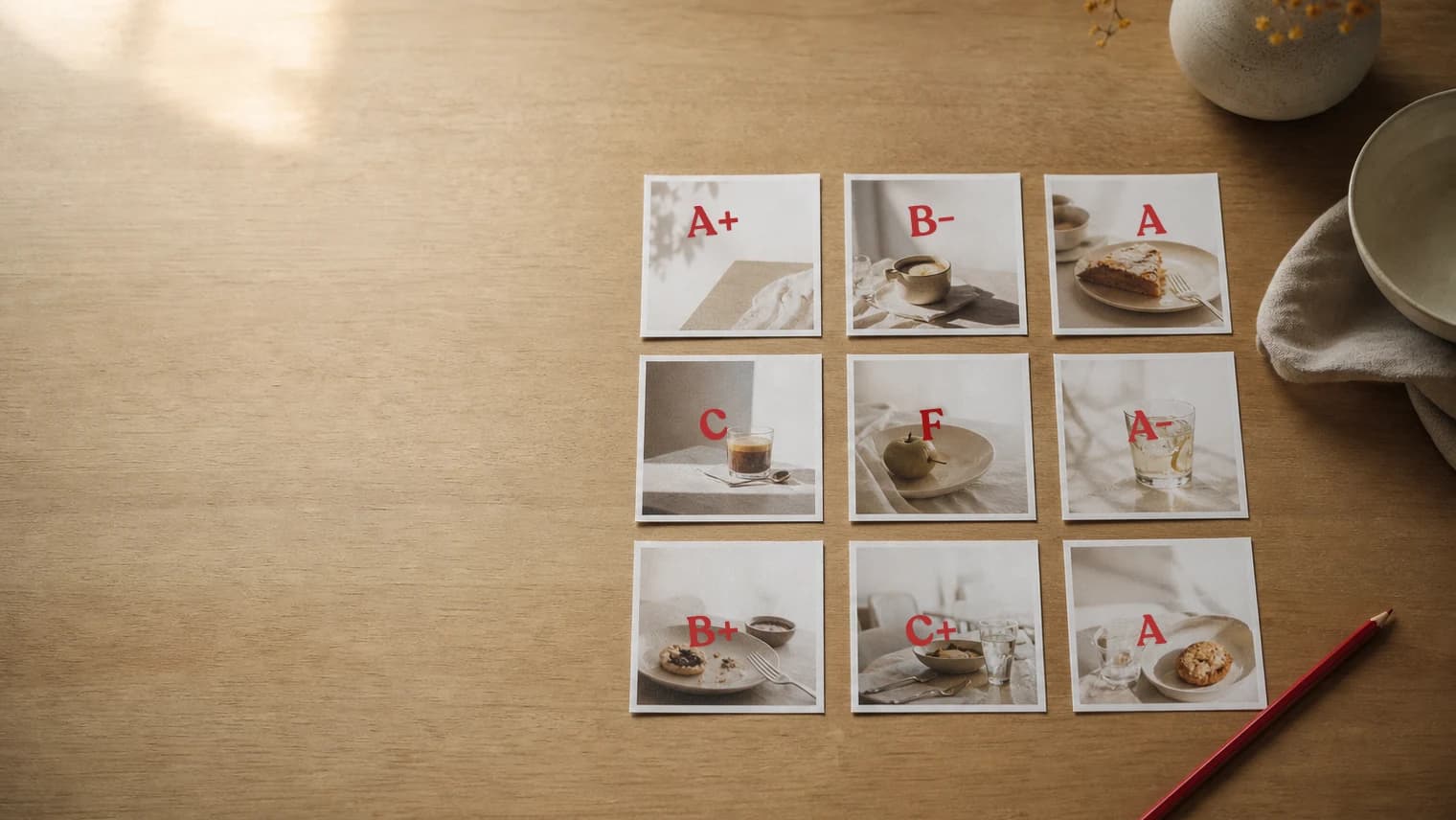A spread of Instagram-style printed posts arranged on a desk, ready for review