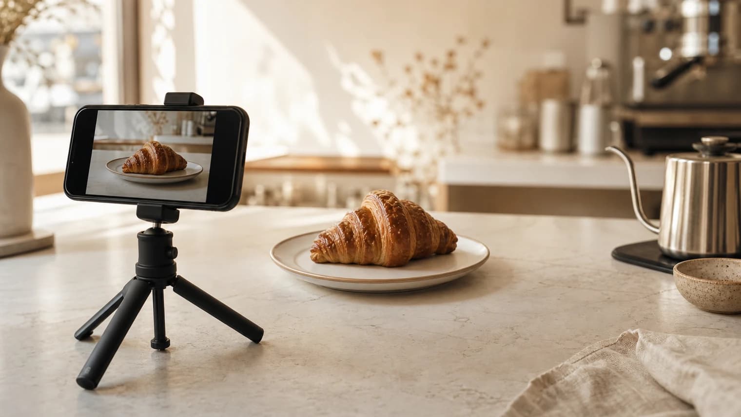 A smartphone on a small tabletop tripod composing a behind-the-counter food shot