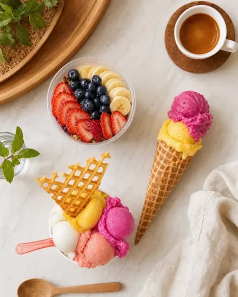 Overhead view of two gelato cones, a cup of espresso, an açaí bowl, and a folded linen napkin on a marble surface.