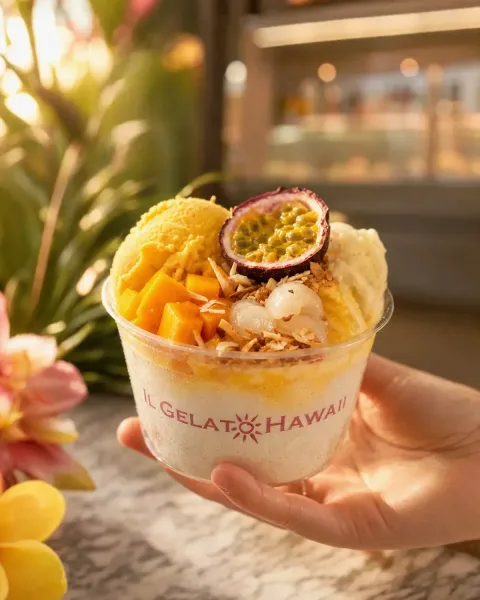 A held cup of mango gelato with passion fruit and toppings, warm golden-hour light streaming in.