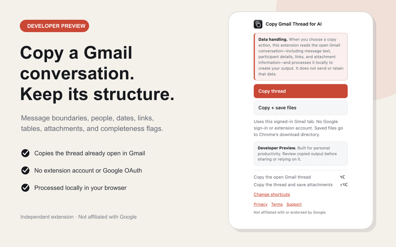 Copy Gmail Thread for AI popup showing the Copy thread and Copy plus save files actions