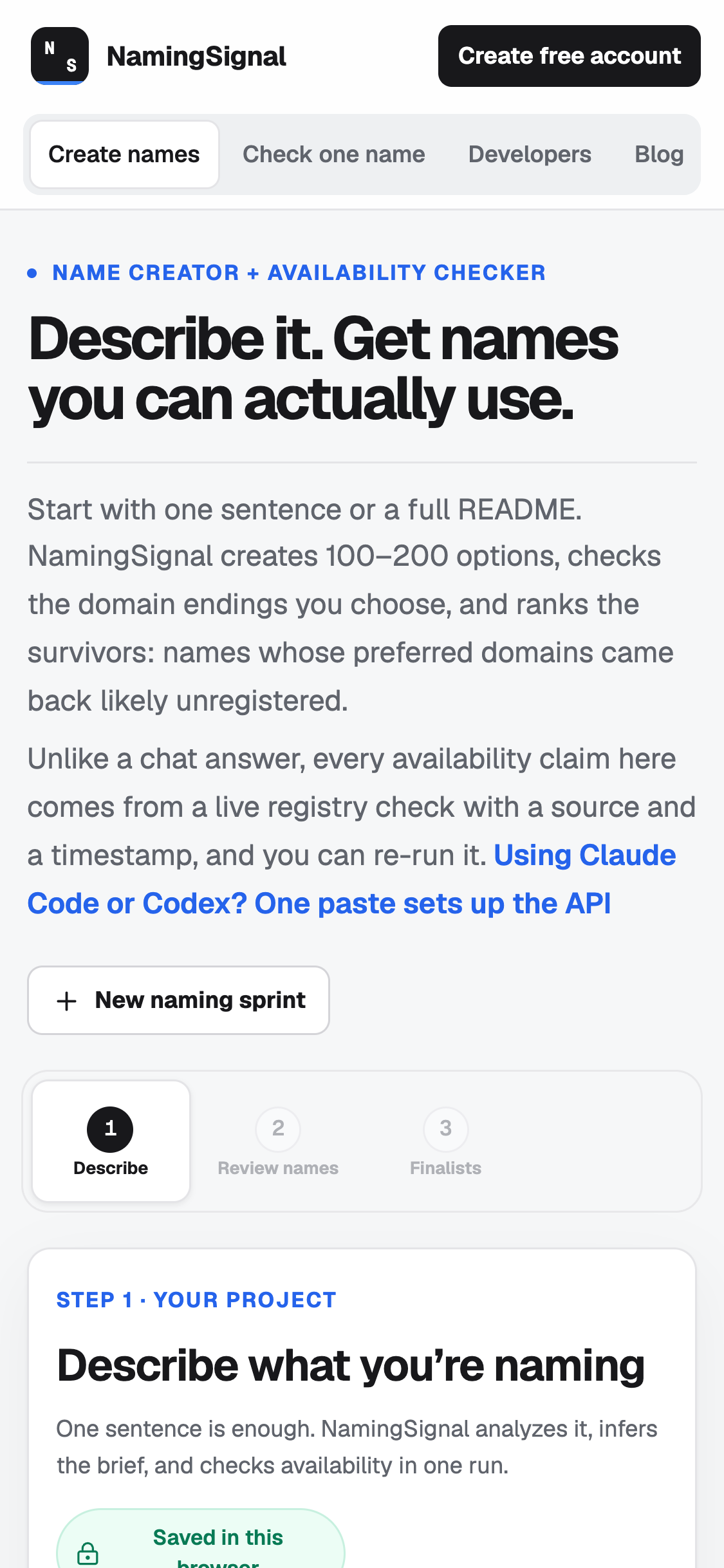 NamingSignal on mobile, with a one sentence project description, a three step naming workflow, and a new naming sprint action