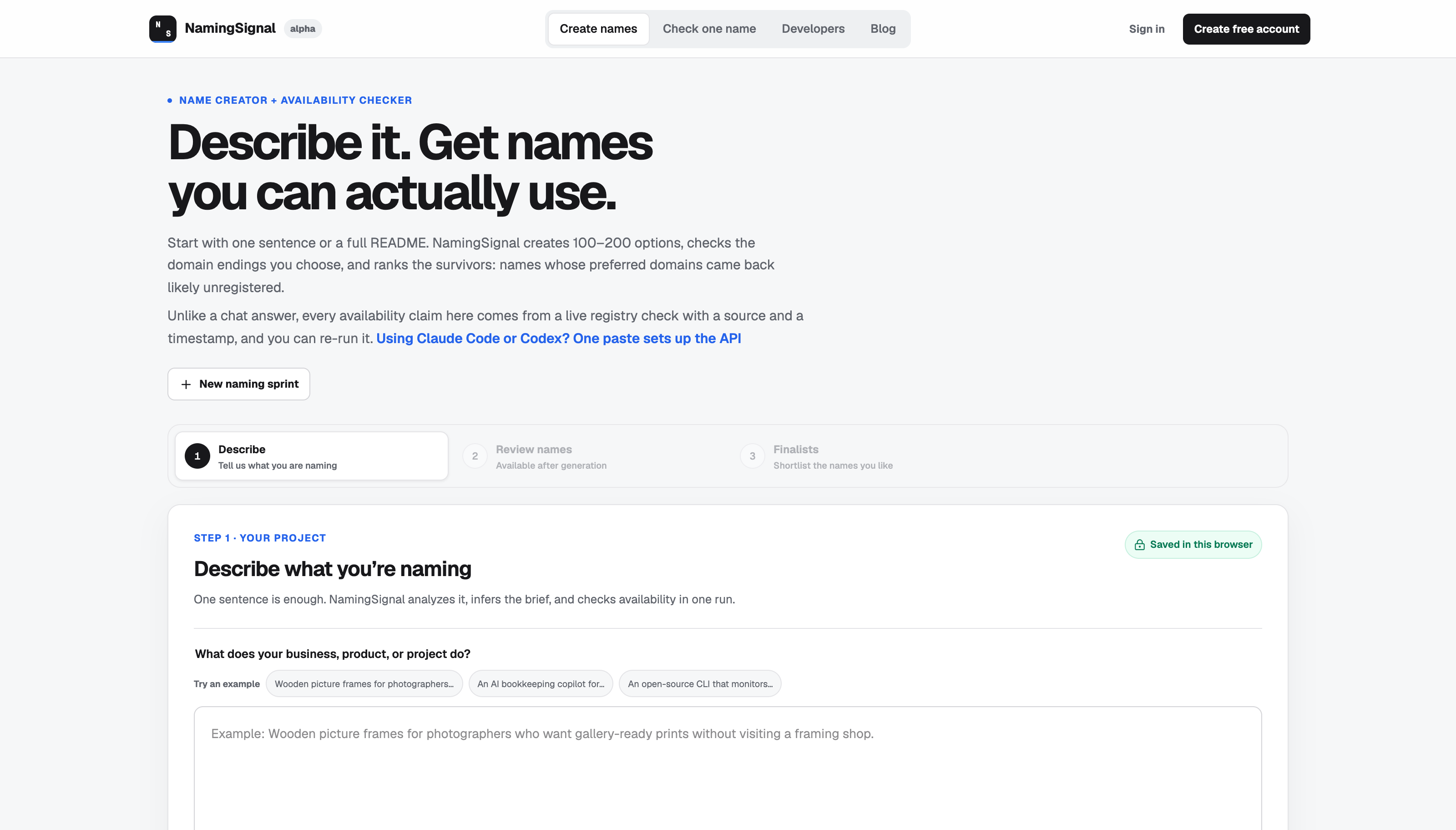 NamingSignal in the browser, showing the product description, new naming sprint action, and the describe, review names, and finalists workflow