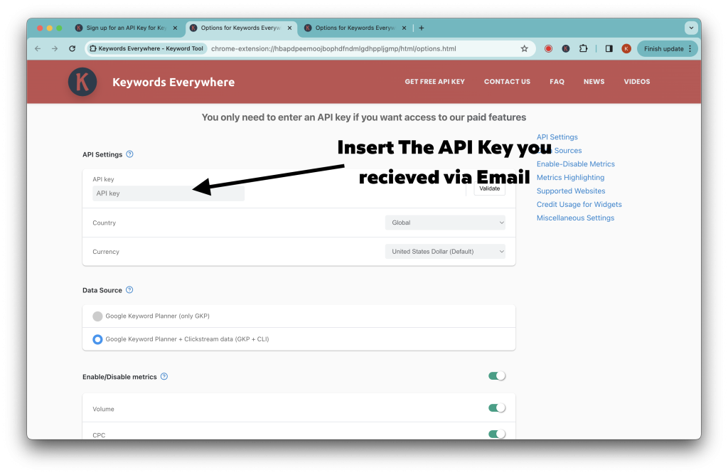 Insert Keywords Everywhere API Key