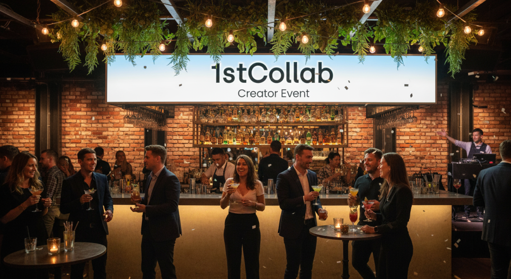 A lively group of people socialize and network at a modern bar under a sign reading 1stCollab Creator Event, with warm lighting, greenery, and a bartender in the background.