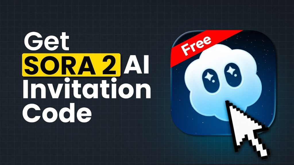 A graphic featuring the text Get SORA 2 AI Invitation Code with SORA 2 highlighted in yellow. A cloud icon with stars for eyes and a Free banner is on the right, with a cursor pointing at it.