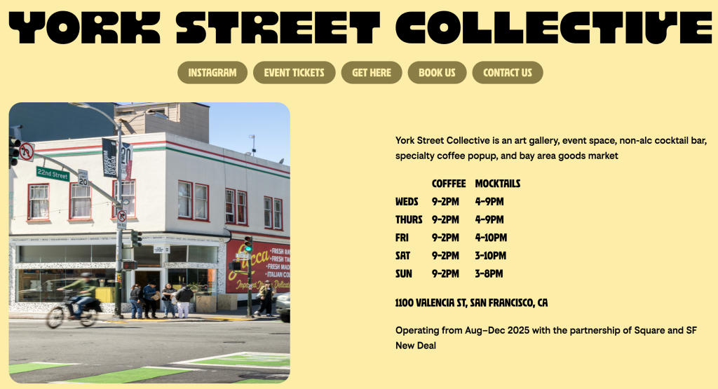 York Street Collective – Street view of a corner building with large windows and York Street Collective signage; information about events, hours, and location is displayed on a yellow background to the right.