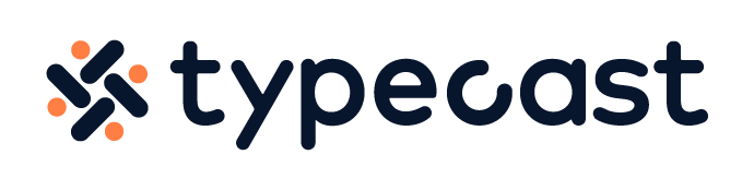 The typecast logo in lowercase dark blue letters, with a geometric symbol of four lines and four orange dots forming a circle to the left of the text, on a light background.